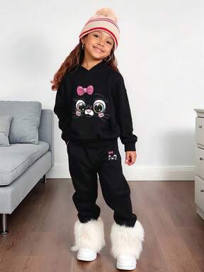 Set van 2 stuks met strik- en kattenprint, thermisch gevoerde hoodie, sweatshirt en casual sportbroek voor meisjes, herfst/winter