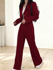 女式轻盈时尚休闲通勤纯色短款长袖西装外套和裤子两件套