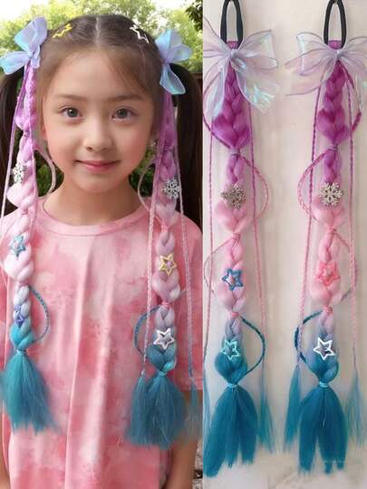 Synthetic Colored Braided Ponytail Hair Extension Color Braids Pony Tail With Elastic Band Girl's Pigtail 2pcs