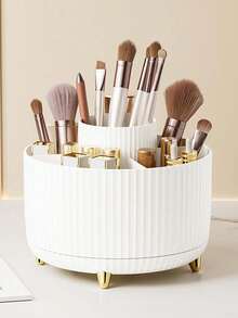 A 360-Degree Rotating Cosmetic Storage Box - A Single Plastic Cosmetic Storage Box With 5 Compartments - A Multi-Functional Storage Box For Brushes, Lipsticks, Skincare Products, And Stationery - A , Odorless, Luxurious Striped Design Desktop Storage Box, Suitable For Bedroom, Bedroom, Large-Capacity Plastic Pen Holder, Bathroom Organizer, And Household Dustproof Storage Bucket.,Room Decor - Multicolor - View 2