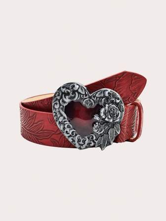 1条哥特风酒红色女士腰带，波西米亚印花腰带，Y2K朋克风心形雕花扣装饰腰带，适合搭配连衣裙、牛仔裤、摇滚服饰、派对、休闲外出、街头、音乐节、秋季、冬季、圣诞节、情人节礼物