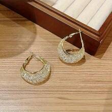 1Pair Elegant Golden Hollow Rhinestone Dangle Earrings For Women Geometric Grid Design Jewelry Fashionable Women's Accessories Suitable For Wedding Banquet - 銀色 - 查看 5