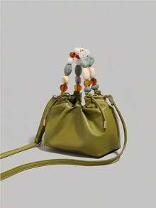 Women's Luxe Green Beaded Pleated Handbag – Elegant Ruched Faux Leather Crossbody/Shoulder Bag, Unique Multicolor Bead Handle Hobo Purse, Ideal For Daily Fashion, Dating, Shopping Trips, Brunch & Weekend Gatherings,  Accessory With Spacious Interior - 彩色 - 查看 8