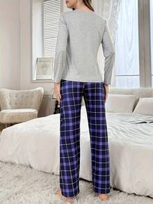 灰色字母印花长袖长裤睡衣套装（女士款） - 灰色 - 查看 3