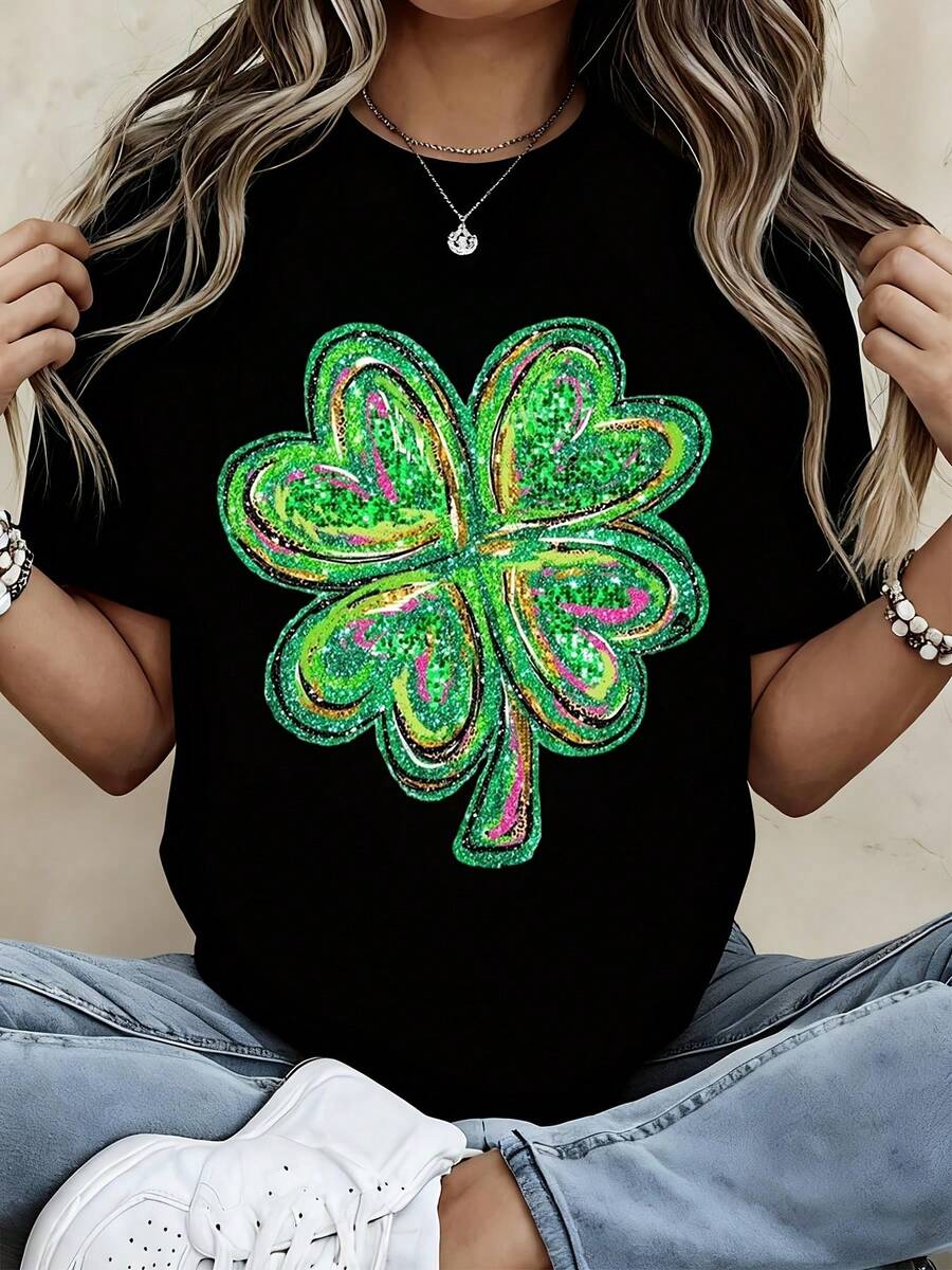 St Patricks Day Sequin Clover Print T Shirt Women Casual Short Sleeve Top Lucky Charm Design Festive Holiday Wear - màu đen - Xem 1