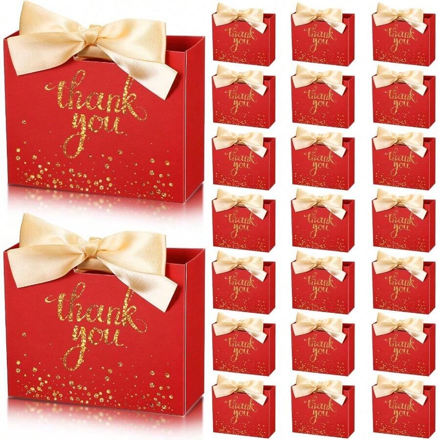 D24 Pcs Mini Thank You Gift Bags Bulk Christmas Thank You Bags With Ribbon Handles 4.6 X 1.8 X 3.9'' Small Wedding Gifts Bag Goodie Guest Baby Shower Party Plies Red - 紅色 - 查看 1