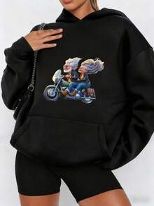 Women's Graphic Hoodies, Old Couple Riding Motorcycle Together Long Sleeve Oversized Sweatshirts Drawstring Pullover Tops With Pocket Casual Loose Blouses Tunic, Winter Fashion Clothes Black White Options - 黑色 - 查看 1