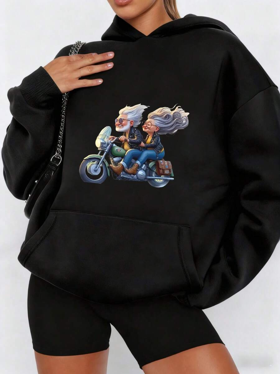 Women's Graphic Hoodies, Old Couple Riding Motorcycle Together Long Sleeve Oversized Sweatshirts Drawstring Pullover Tops With Pocket Casual Loose Blouses Tunic, Winter Fashion Clothes Black White Options - 黑色 - 查看 1