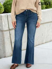 Plus Size Flare Jeans, Stretchy All-Match Denim Pants, Versatile For Commuting, Casual Wear, Flattering Fit Spring - Dark Wash - View 2