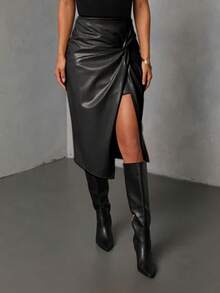 Mobula Sound Casual, Elegant, Versatile PU Leather Pleated & Twist Design Skirt, Suitable For Spring/Summer Casual, Holiday, Date, Party, Travel, Tea Party, Airport
