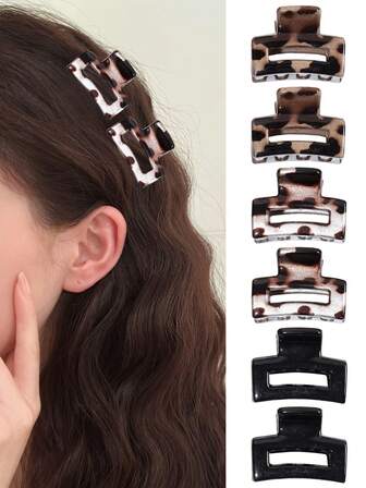 6pcs Leopard Print Square Hair Clips, Hollow Shark Shaped Hair Clips For Women, Stylish Bangs/Side Hair Clips For Casual, Party, Outdoor, Gift For Valentine's Day, Thanksgiving, Birthday Women Hair Claw Hair Clutch Winter Hair Accessories
