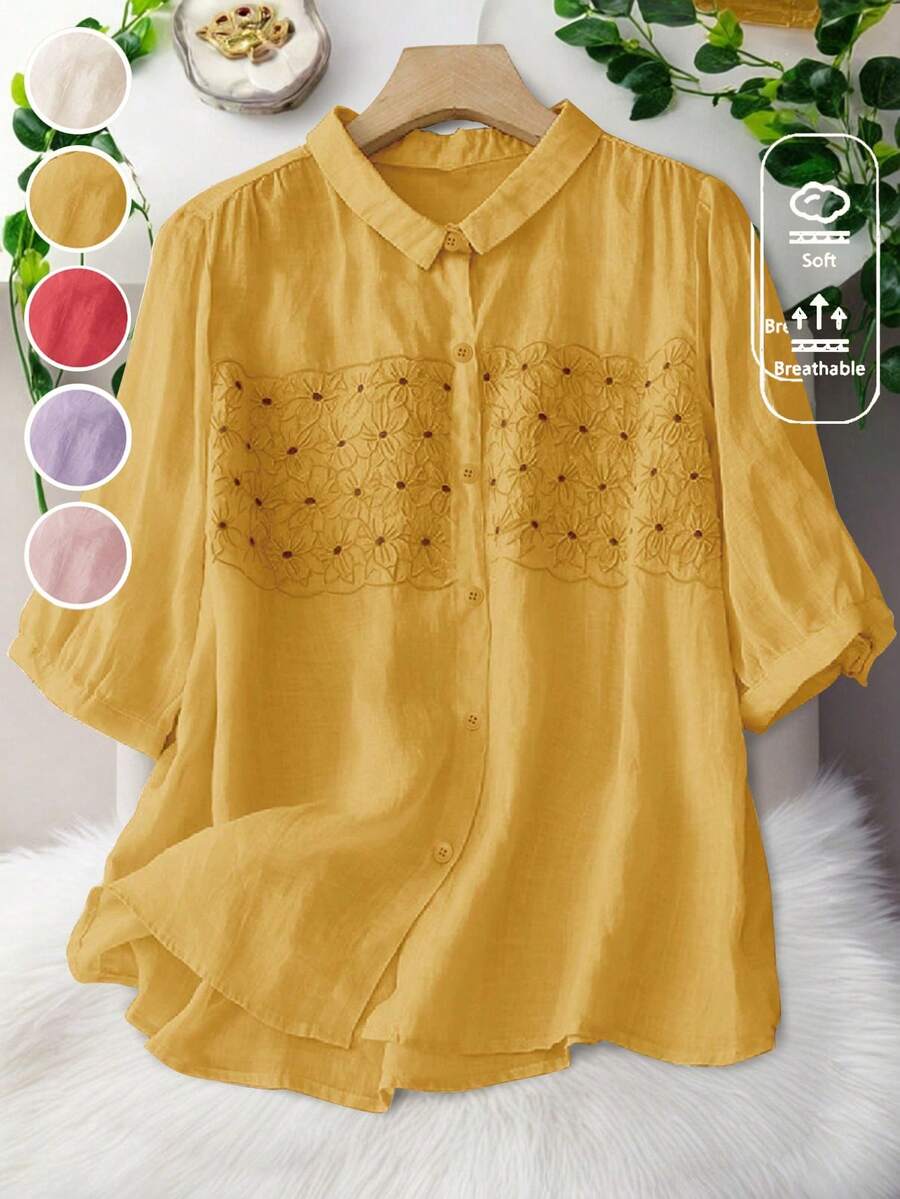 Women's Loose Fit Embroidered Semi-Sheer Short Sleeve Blouse, Spring/Summer - Yellow - View 1