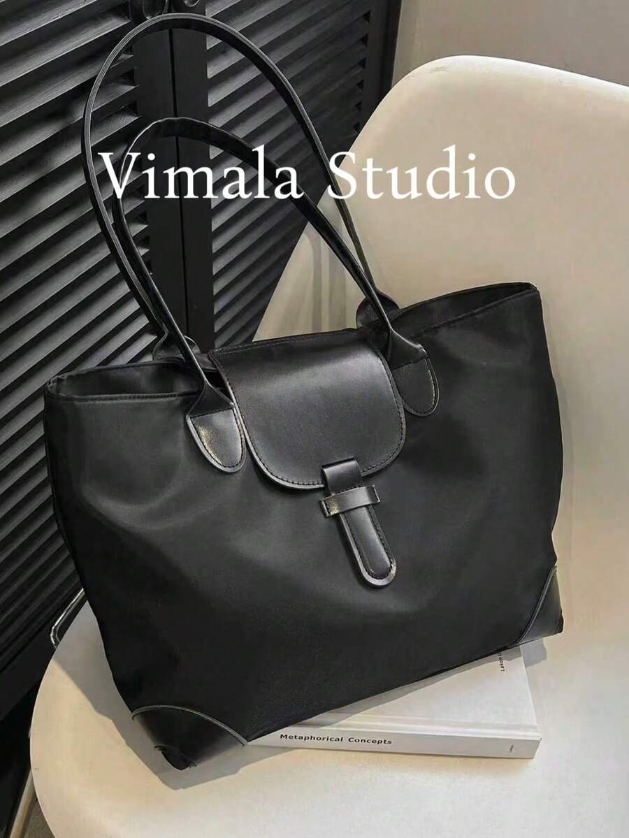 Lightweight Business Casual Large Capacity Tote Bag, Nylon Dual Handle Shoulder Bag, Women's Fashion Office Work Handbag, Stitching Detail Shoulder Tote Bag, Suitable For Teenage Girls, College Students, Young Professionals And Office Workers, An Ideal Choice For The Office - Black - View 1