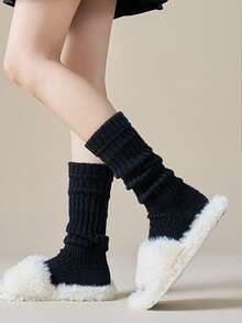 1 Pair Women's Japanese Style Layered Socks, Knitted Grey Tall Socks With Black Lace Trim, Slim Fit, Suitable For Spring/Autumn JK Uniform, Warm For Winter - Step On the Leg Cover - View 7