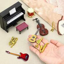 11件套迷你乐器套装 - 1:12比例钢琴、吉他、小号、小提琴和萨克斯管模型，乐器配件，逼真的古典钢琴和吉他，适用于娃娃屋装饰和收藏、摄影道具、办公桌配件、音乐家礼物、乐队/音乐室装饰、桌面摆件、卧室装饰、仙女花园装饰、DIY微景观装饰、个性化礼物、收藏品 - 彩色 - 查看 3