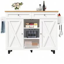 Modern Kitchen Island, Kitchen Cabinet, Sideboard, Serving Cart With Wood Finish, Multifunctional Dining Table With Storage, Serving Cart With Snack Shelves, White - White - View 1