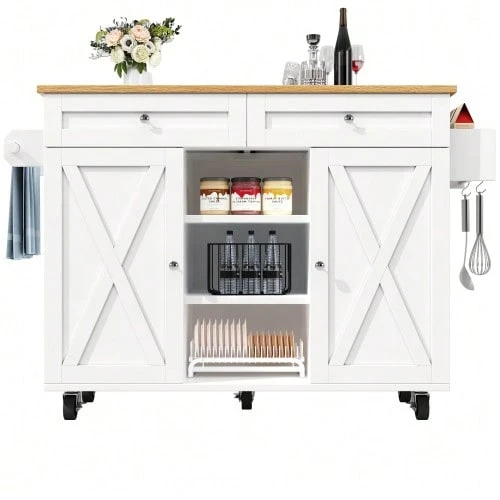 Modern Kitchen Island, Kitchen Cabinet, Sideboard, Serving Cart With Wood Finish, Multifunctional Dining Table With Storage, Serving Cart With Snack Shelves, White - White - View 1