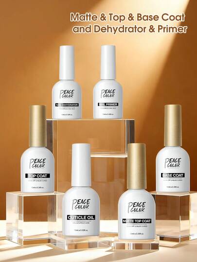 peacecolor 10ml Base coat sin necesidad de limpiar y Top coat brillante, Deshidratador de uñas y Base coat, Top coat mate, Aceite para el cuidado de las cutículas - Kit de inicio completo de herramientas de manicura DIY de salón, gran regalo para mujeres