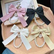1 Beige Faux Pearl Chain Large Minimalist Fashion Bag Pendant Car Keychain Personalized Ribbon Bow Tie Pendant Suitable For Women Bag Accessories Gift Gift Accessories Decor For Teen Girls Women College Students Rookies & White-Collar Workers Car Accessories Women Key Chain Charms Wristlet Keychain Bow Keychain School Supplies Teacher Gifts Back To School Teacher Accessories Valentines - 黑色 - 查看 2