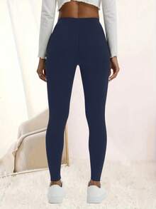 Solid Color Waist Define Letter Print Slim Fit Leggings, Casual Everyday Sportswear - Navy Blue - View 2