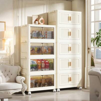 5-Tier Stackable Foldable Rolling Storage Cabinet With Doors Waterproof Collapsible Plastic Wardrobe Storage Box With Lid Clothing Storage Kitchen Cabinet Pantry Organizer Bedroom Storage Bins Easy To Assemble Storage Organization For Kitchenware Toys Clothes Small Spaces Wardrobe Bathroom Home Office Dorm Closet Organizer Space-Saving Multi-Purpose Storage Solution