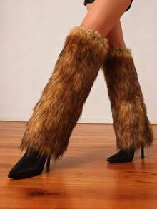 Furry Fluffy Knee High Boots For Women Faux Fur Winter Snow Boots Pointed Toe Stiletto High Heels Sexy Warm Shoes Christmas Party - màu nâu - Xem 5