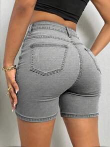MUZZ 女士夏季休闲猫须装饰弹力修身牛仔短裤，修身剪裁，适合度假、海滩、音乐会、音乐节等场合，打造牛仔女孩造型 - 灰色 - 查看 2