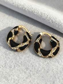 1 Pair Vintage French Elegant Versatile Luxurious High-End Fashionable Niche Personalized Circle Earrings, Essential For Women's Autumn/Winter Outfits - màu đen - Xem 2