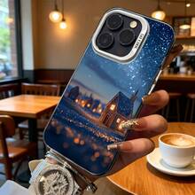 Funda de Teléfono Diseño de Escena Nocturna de Cabaña Azul de Invierno para iPhone 14 15 Pro Max y  Galaxy S23 S24 Series, Regalo Ideal para Todas las Estaciones - Negro - Ver 6