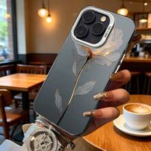 Funda de Teléfono Diseño Floral Gris Con Tallo y Hojas Doradas Para iPhone 14 15 Pro Max  Galaxy S23 S24 Plus Opción de Regalo Ideal Para Todas las Estaciones - Plateado - Ver 6