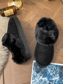Damen Schwarze Lässig Kunstfell gefütterte Schneestiefel, bequeme warme thermisch gefütterte Hausschuhe für Innen- und Außenbereich, Winter - Schwarz - Übersicht 5