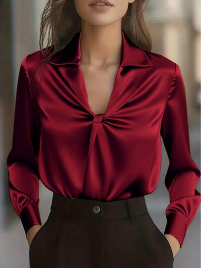1pc Women's Elegant Solid Color Satin Twist Knot Long Sleeve Blouse, Suitable For Office, Home, Daily Wear, And Vacation, All Seasons