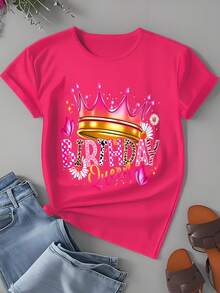 Birthday Queen Crown T-Shirt Women Fashion Graphic Tee Party Celebration Shirt Casual Wear Top - 粉色 - 查看 2