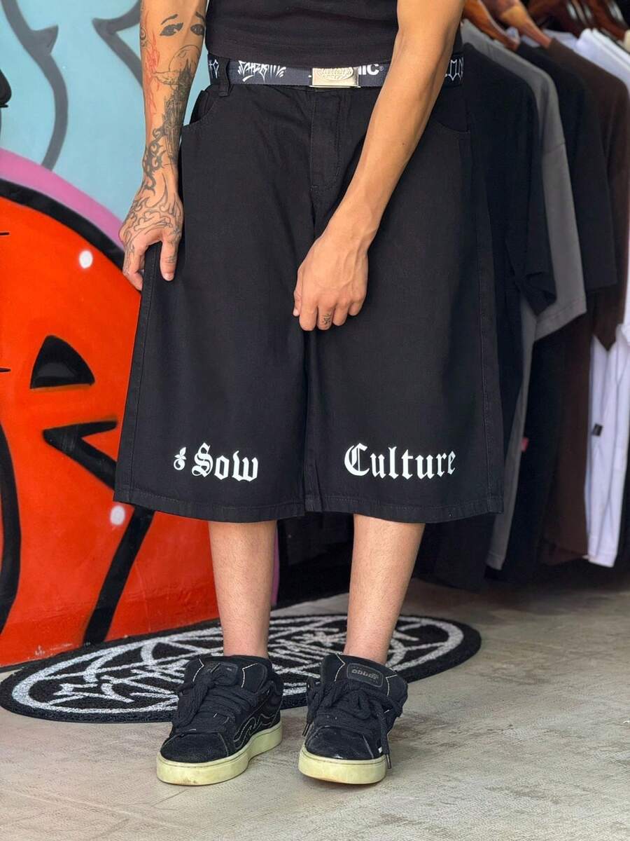 Black Baggy Bermuda Shorts In Ying Yang Denim With Sow/Culture Skate Street Print - New Arrivals - Promotion - Launch - 黑色 - 查看 1