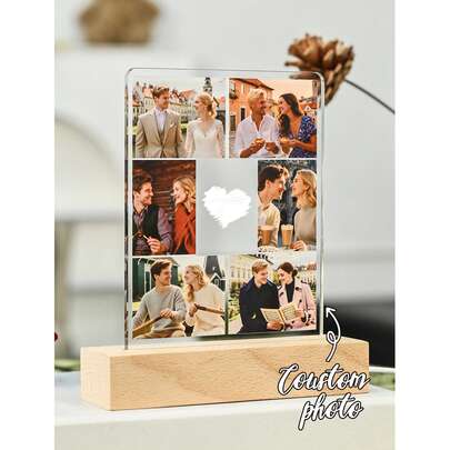 1pc Custom Couple Collage Photo Led Night Light, Personalized Acrylic Night Light With Photo & Text, Custom Photo Lamp, Personalized Photo Collage LED Light, Couple Picture Frame, Personalized Photo Collage Gift For Mother's Day, For Birthdays, For Children's Day, For Father's Day, For Graduation, For Weddings, For Housewarming Living Room, Bedroom, Office, Tea Room, Home, Bathroom, Dining Room, Valentine Day, Valentine Day Decor