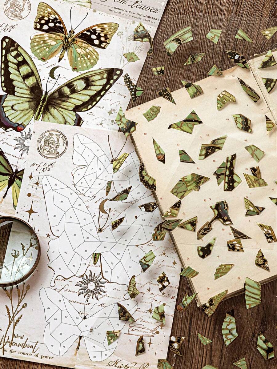MOCARD 3pcs/Pack Vintage Butterfly Theme Gold Foil Stickers, Creative Aesthetic Decorative Stickers, DIY Scrapbooking Craft Materials, Holiday Gifts, Personalized Stationery Supplies - Green - View 1