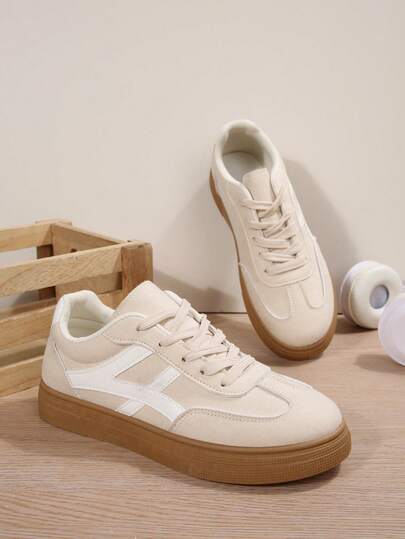 Women's Fashion New Spring/Autumn Flat Round Toe Outdoor Casual Sports Shoes, Geometric Patchwork Contrast Color Trainers, Comfortable Soft Sneakers Skateboard Shoes