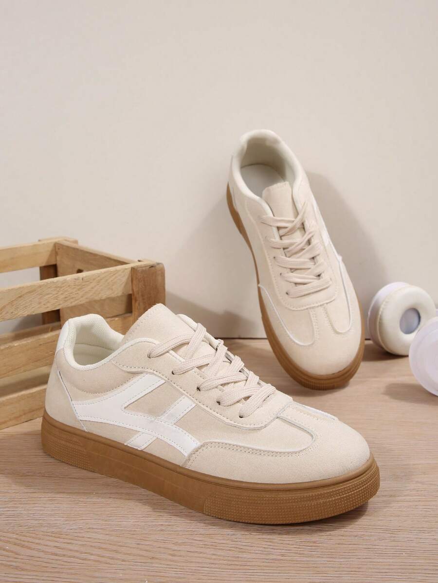 Women's Fashion New Spring/Autumn Flat Round Toe Outdoor Casual Sports Shoes, Geometric Patchwork Contrast Color Trainers, Comfortable Soft Sneakers Skateboard Shoes - Beige - View 1