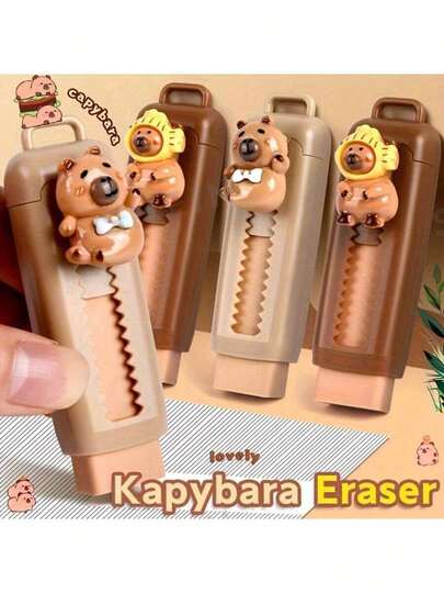 1/4支装水豚橡皮擦，水豚主题推拉式设计，优质合成橡胶，扁平条纹图案，塑料材质，不掉毛，办公用品，颜色随机发货