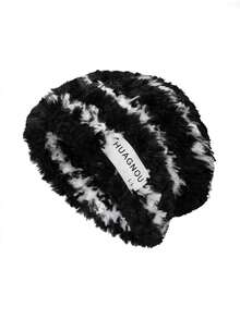 1pc Women's Winter Striped Fuzzy Hat, Thick Warm Contrast Color Knit Fluffy Beanie, Versatile Soft Windproof Slouchy Hat For Outdoor Cold Weather - Black - View 8