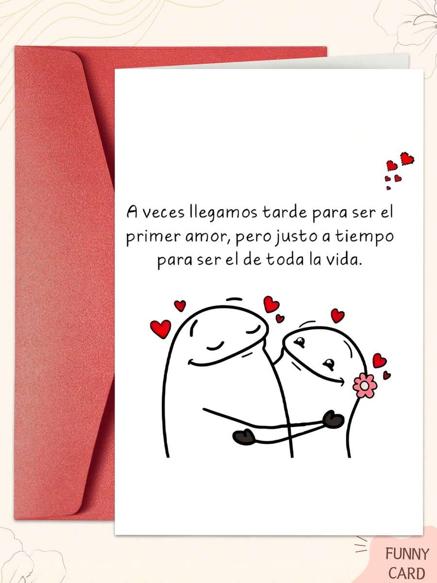 1pc Spanish-Style Love Card (With Envelope) - "Sometimes We're Late To Be Each Other's First Love, But Just In Time To Be Lifelong Lovers", Romantic Cartoon Illustration, Ideal For Couples, Birthdays/Anniversaries/Valentine's Day/Special Occasions - Multicolor - View 1