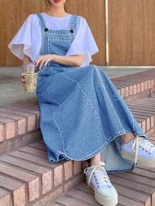 Đầm yếm denim cỡ lớn - Dây đeo vai cố định, dáng rộng, thiết kế yếm cổ điển. - Rửa nhẹ - Xem 4