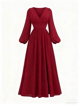 Women's Elegant V-Neck Long Sleeve Pleated Woven Fabric Flared Maxi Cocktail Dress, Suitable For Special Occasions