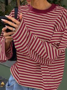 Women's Round Neck Drop Shoulder Long Sleeve Striped Contrast Ribbed Casual T-Shirt - Rose Red and Khaki - View 3