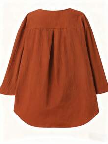 1pc Solid Color Button V-Neck Loose Blouse, Suitable For Summer, Spring, Autumn & All Seasons - Brick Red - View 3