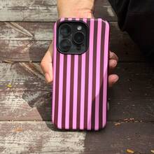 Fashionable Black & Pink Striped Dual-Layer Protective Phone Case, Compatible With IPhone 17 16 Pro Max, 17 Air 15 Pro, 13, 11, 12, XS, 8 Plus, 7, Glossy 2-In-1 Phone Case
