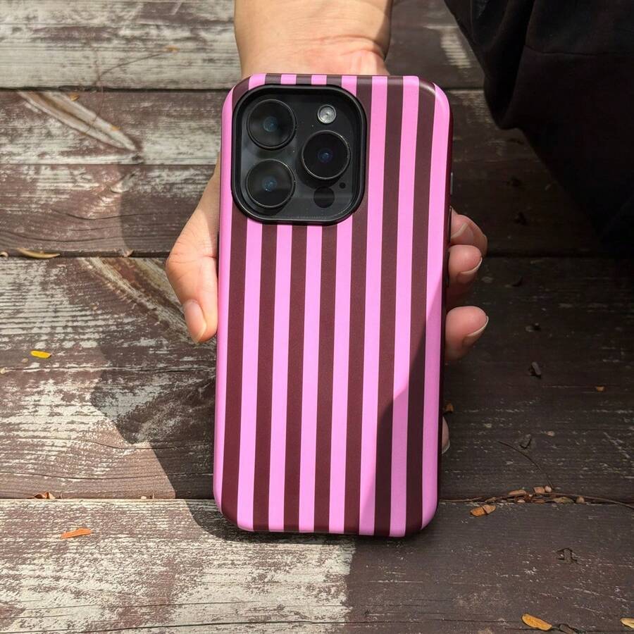 Fashionable Black & Pink Striped Dual-Layer Protective Phone Case, Compatible With IPhone 17 16 Pro Max, 17 Air 15 Pro, 13, 11, 12, XS, 8 Plus, 7, Glossy 2-In-1 Phone Case
