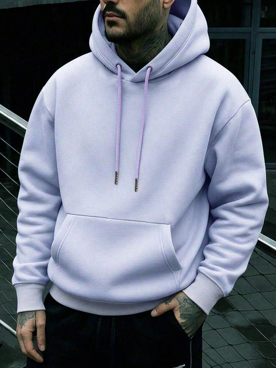 男士純色抽繩口袋設計長袖休閒套頭衛衣