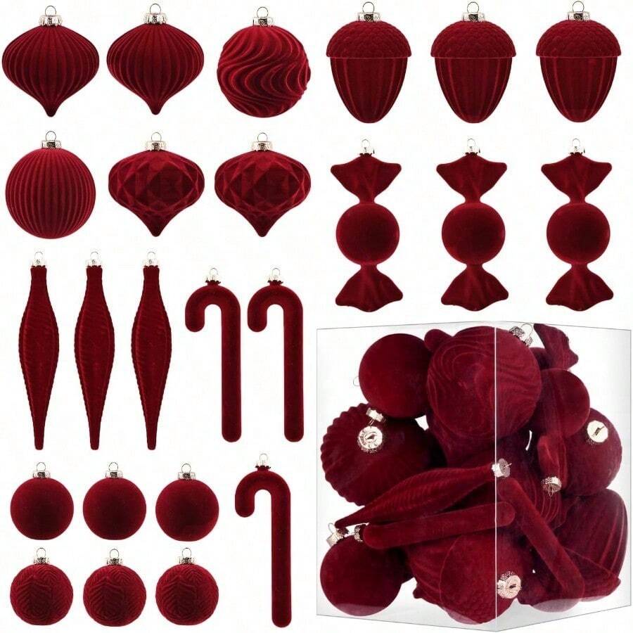 yAdornos de terciopelo para decoraciones de arbol de Navidad juego de adornos de Navidad flocados de color borgoña para decoracion de dia festivo de invierno bolas de Navidad inastillables a granel - Borgoña - Ver 1