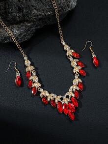 مجموعة قلادة وأقراط كريستال مبالغ فيها بطراز قديم، قلادة قصيرة، إكسسوارات موضة، أحمر، 2 قطعة - عين الحصان الحمراء - مشاهدة 4